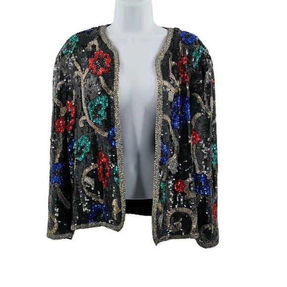 Vintage Black Red Green and Blue Beaded Floral JacketTag Size Small
